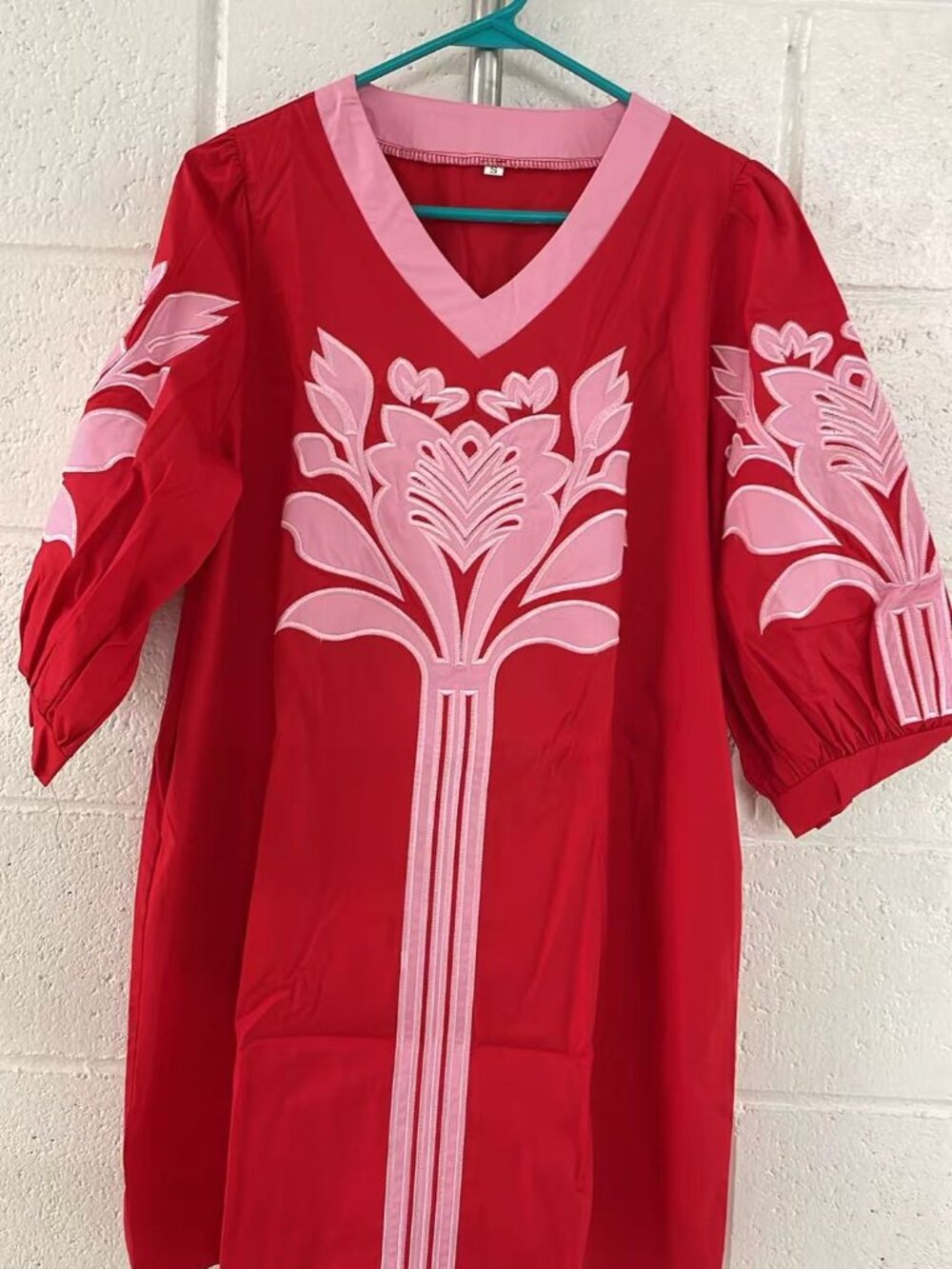 Womens Floral Embroidered Applique Mini Shift Dress 3/4 Puff Sleeves V Neck